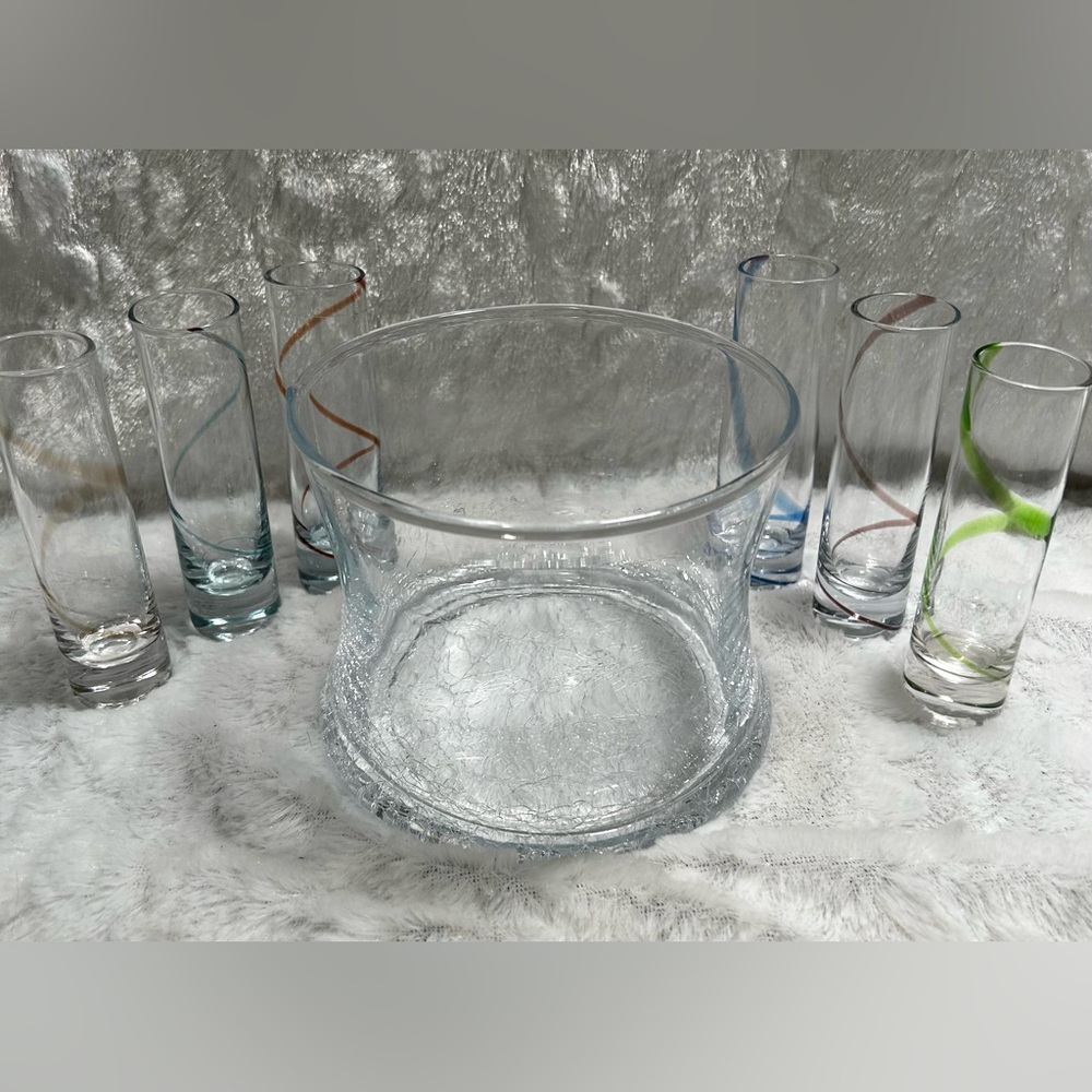 Clear Glass Crackle Bottom Ice Bucket & Set of 6 Swirl Colored Shot Glasses